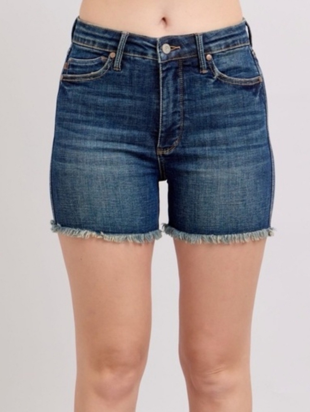 NEW Judy Blue High-Waist Tummy Control Fray Hem Shield Pockets Denim Shorts Sz S
